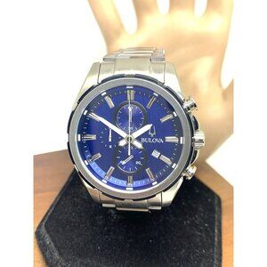 Bulova Men's Watch 98A259 Quartz Chronograph Blue Dial Silver Steel 43mm